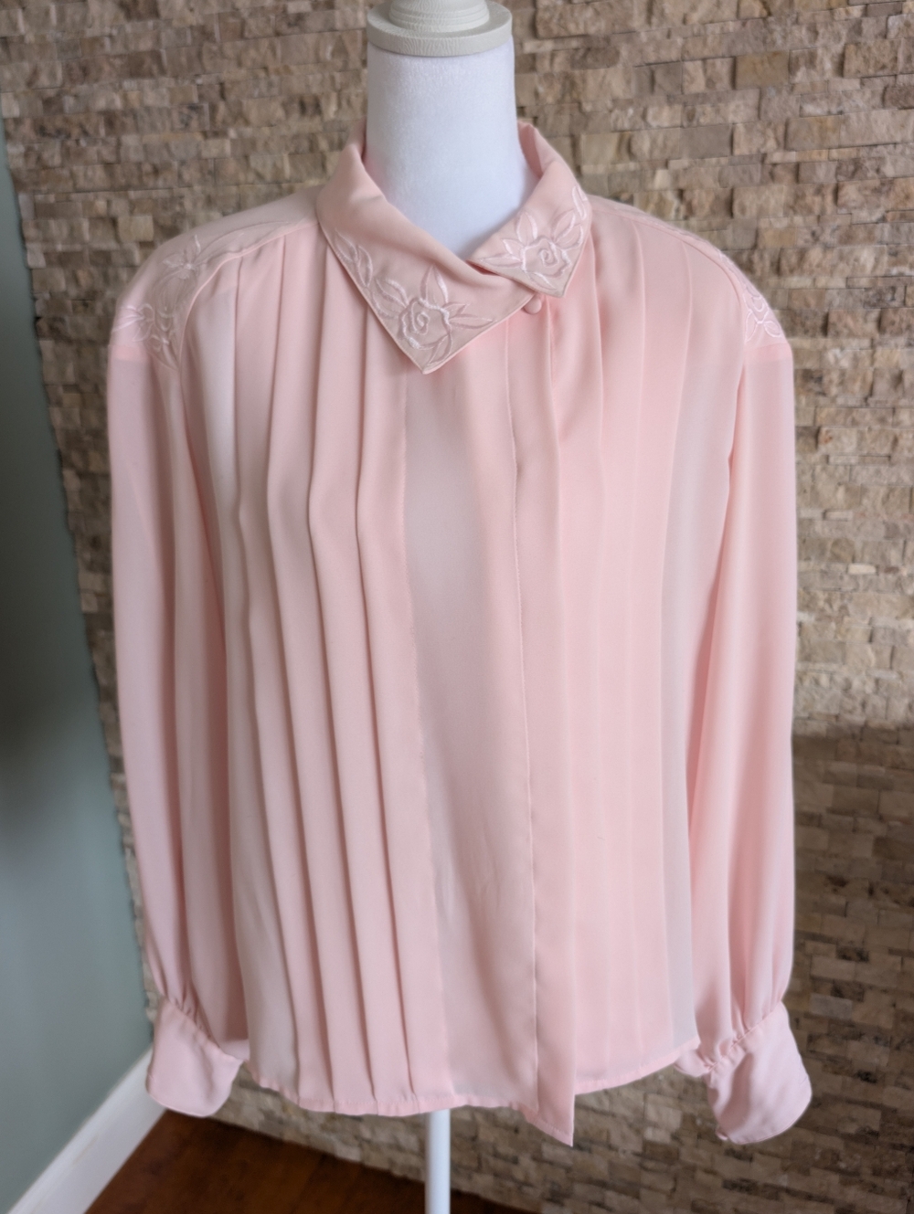 Vintage 80s Blush Pink Chiffon Pleated Floral Embroidery Collar Blouse Sz 14 XL